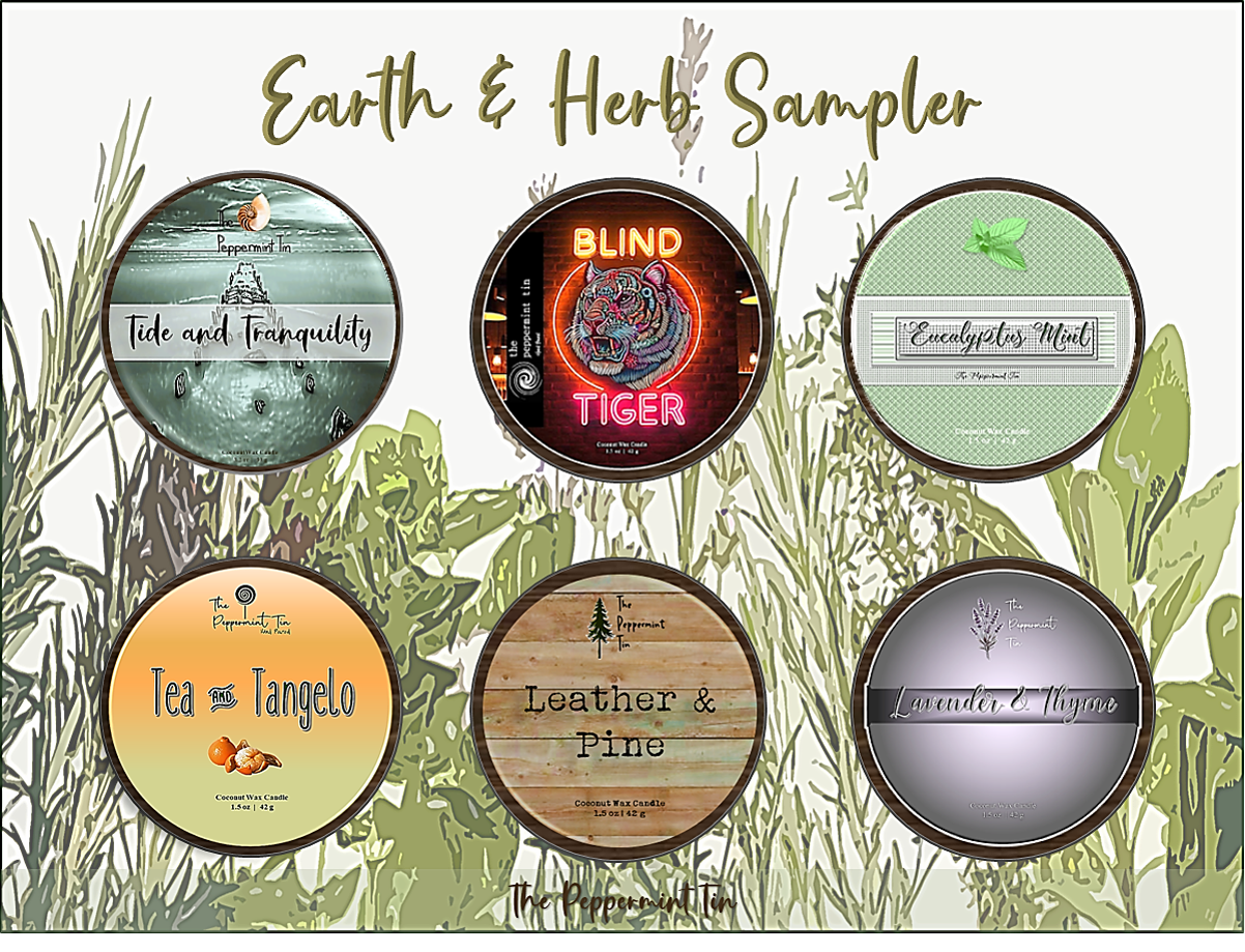 Earth & Herb Candle Sampler – Set of 6 2 oz Tins – Hand-Poured Coconut Wax with Essential Oils and Fragrances for Every
