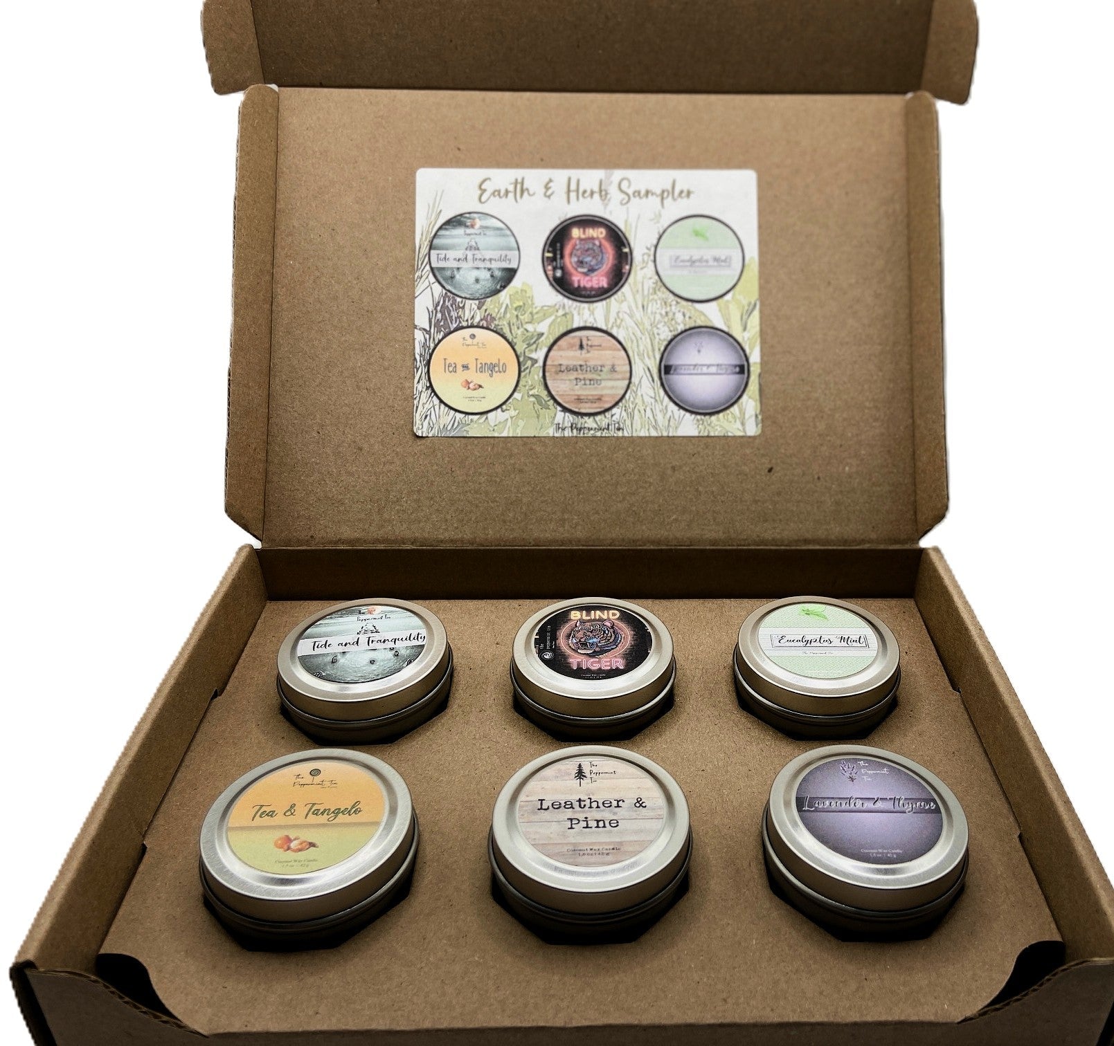 Earth & Herb Candle Sampler – Set of 6 2 oz Tins – Hand-Poured Coconut Wax with Essential Oils and Fragrances for Every